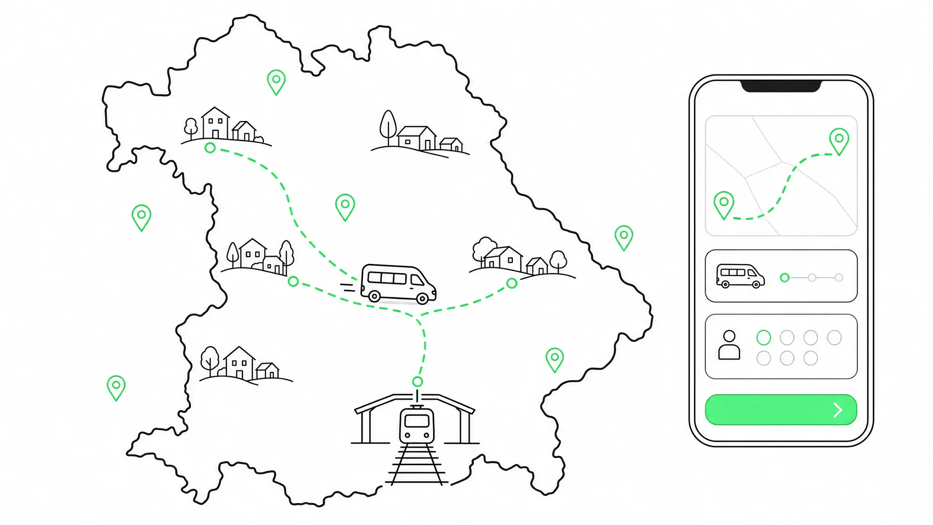 Rufbus und On-Demand-Verkehr in Bayern – Karte mit Minibus, Haltestellen und Buchungs-App