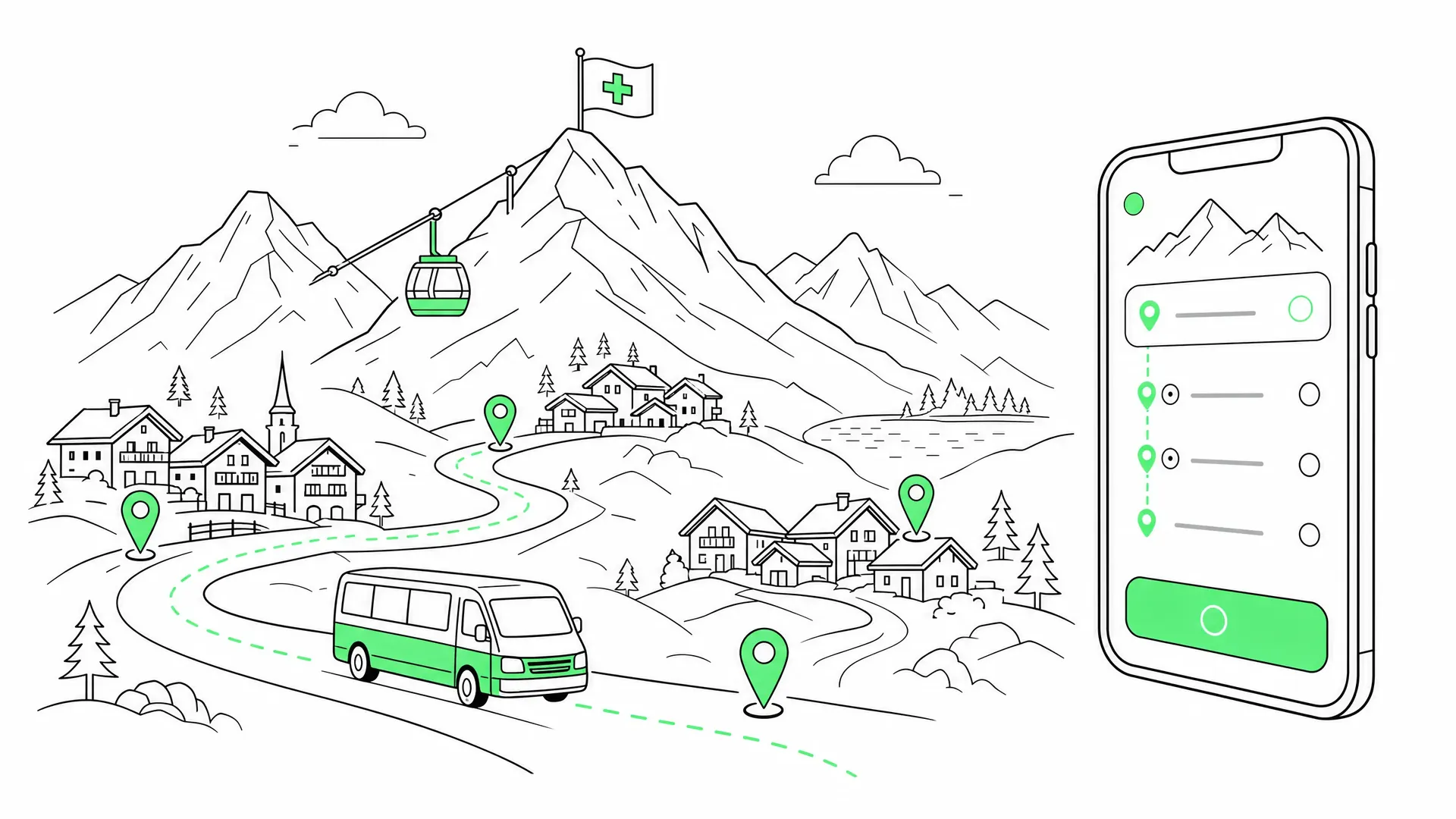 On-Demand Verkehr in der Schweiz – Alpine Landschaft mit Minibus, Seilbahn und Buchungs-App